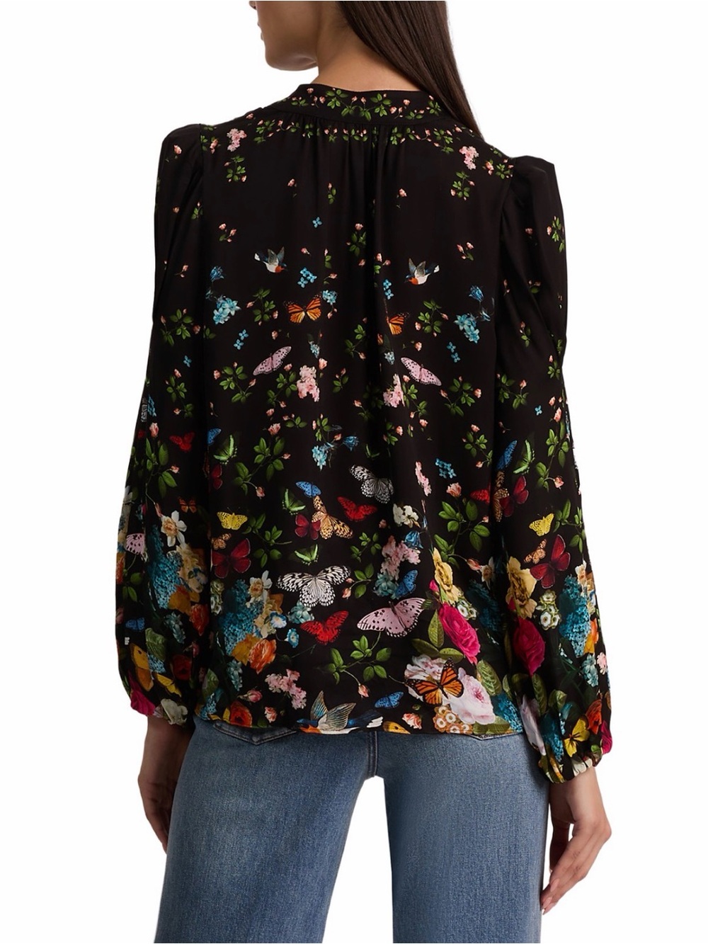 Alice + Olivia Helen Blouson Sleeve Blouse |Black Butterfly Floral Print |Size M - Picture 4 of 5